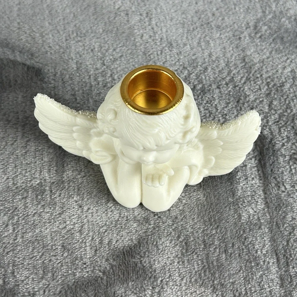 Vintage Ceramic Cherub Taper Candle Holder White Putto In Bust Blowing A Kiss